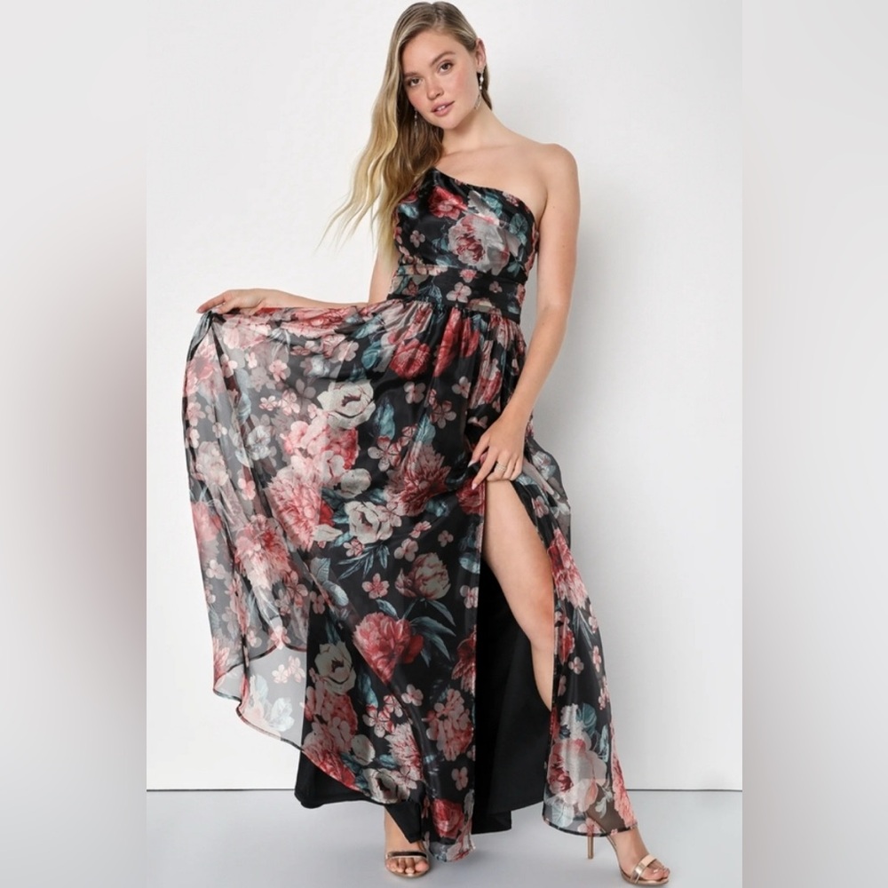 NWT Lulus Bringing the Charm Black Floral Organza Gown Size XS
